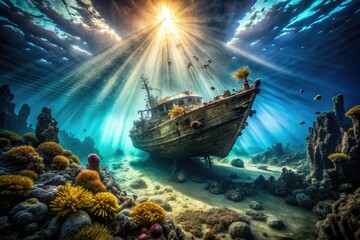 Underwater Sunken Shipwreck, Ocean Depth, Surreal Seascape, Mysterious Abyss, Aquatic Ruins