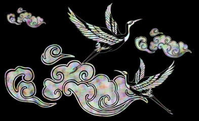 전통 자개 민화 일러스트 – 학과 구름 : Korean Mother-of-Pearl Folk Art with Cranes and Clouds