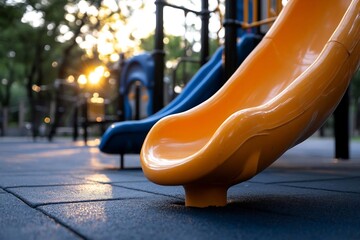 Golden hour descends over a vibrant playground slide creating a nostalgic mood