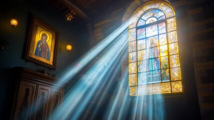 Sunbeams through stained glass window in church. Spiritual light rays illuminate sacred space. Easter, Pentecost, All Saints' Day religious concept. - Powered by Adobe
