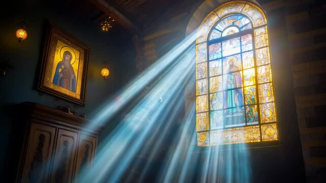 Sunbeams through stained glass window in church. Spiritual light rays illuminate sacred space. Easter, Pentecost, All Saints' Day religious concept. - Powered by Adobe