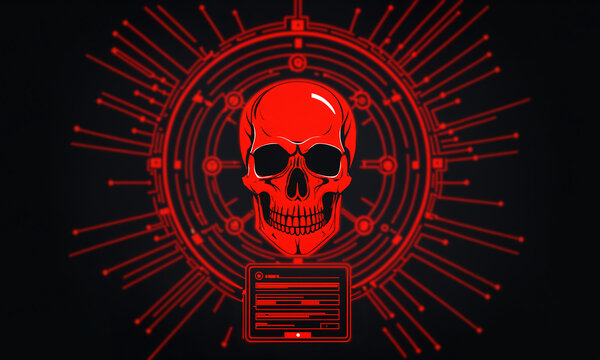 abstract reative of red skull as evil ai robot machine bot with glowing skull on dark digital background