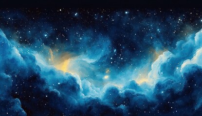 Fototapeta premium Vast cosmic scene with glowing blue and yellow nebula clouds and numerous bright stars scattered across a dark night sky evoking wonder and serenity