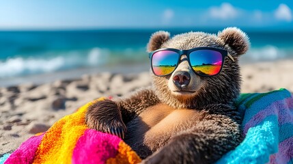 A relaxed brown bear cub wea colorful sunglasses lounges on a vibrant beach towel near the ocean.