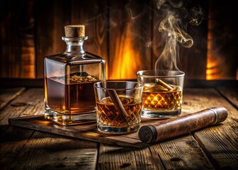 Low Light Whiskey Still Life: Rustic Wood, Cigar, Glasses
