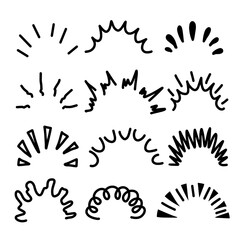 Sunburst doodle. Line shine rays and sparkles. Hand drawn Decorative surprise frame. Comic anime signs. Sunbeams or fireworks collection