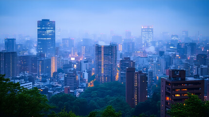 Naklejka premium Cityscape at dusk, misty skyline, urban view, background lights