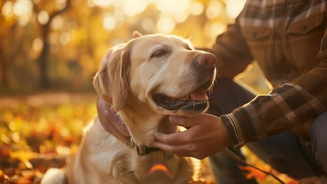 The man is wearing a brown jacket is petting a dog in a park. Man stroking his old dog. Loyal Labrador retriever enjoying autumn sunny say with his owner