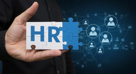 HR Puzzle Piece Completion Held in Hand Against Networked People