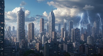 Fototapeta premium A futuristic metropolis under a stormy sky.