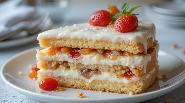 A beautifully presented plate of Italian cassata cake, layered with ricotta filling, candied fruit, and a glossy glaze.