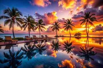 Luxurious Resort Pool Sunset: Oceanfront Lounge Chairs & Palm Trees