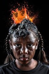 Young girl with dramatic face paint and explosive volcanic effect emerging from her head, showcasing art, creativity, and emotional intensity in a captivating portrait