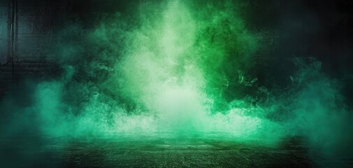 Dense green fog or smoke swirling in a dark, industrial setting creating an eerie and mysterious atmosphere