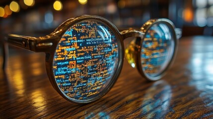 Stylish round glasses reflecting colorful data code on a wooden table in a modern workspace, symbolizing technology and digital innovation