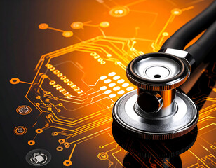 Digital Health: Stethoscope resting on an illuminated circuit board, symbolizing technology in medicine and healthcare innovation.