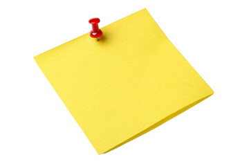 Yellow sticky post it note with red pushpin isolated on transparent background

