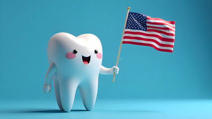 cute tooth character with american flag in hand. Blue background. Tooth in the left of image. dentistry and Memorial Day or Independence Day United States. Space for text 