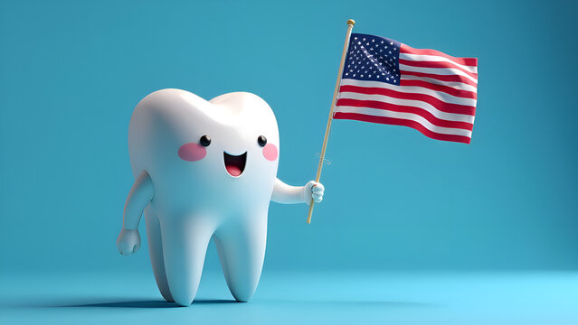 cute tooth character with american flag in hand. Blue background. Tooth in the left of image. dentistry and Memorial Day or Independence Day United States. Space for text 