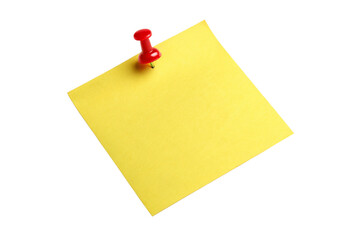 Yellow sticky post it note with red pushpin isolated on transparent background
