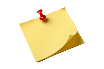 Yellow sticky post it note with red pushpin isolated on transparent background
