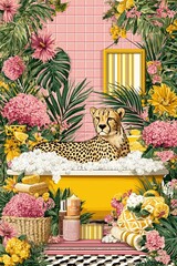 Cheetah Takes a Bubbly Bath in a Colorful Tropical Paradise