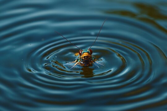 Close-up of an insect with long antennae floating on calm water creating circular ripples around it
