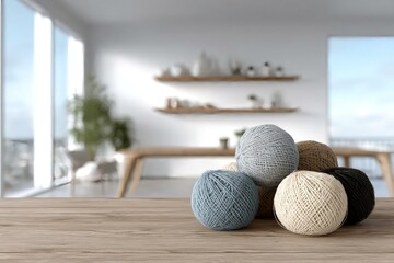 Soft Pastel Yarn Balls on Wooden Table in Bright Modern Room