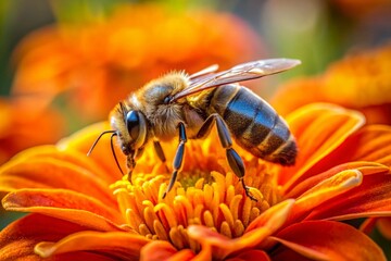 Fototapeta premium Macro Photography: Bee on Orange Flower, Close-Up Detail, Nature