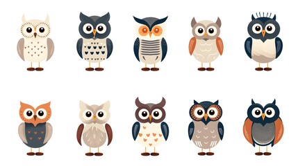 Obraz premium Collection of Twelve Cartoon Funny Owls with Various Patterns for Design Projects