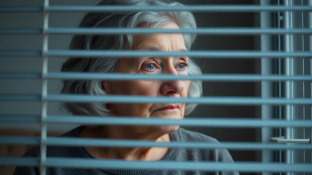 The elderly woman with gray hair is looking through the blinds on the window and appears to be depressed