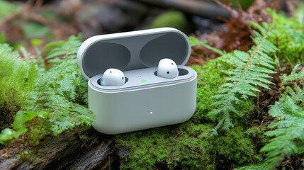Modern wireless earphones charging case on moss-covered log amidst lush greenery in a serene forest setting, showcasing nature and technology blend