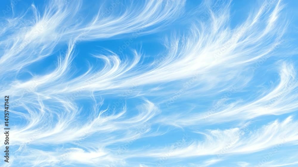 Poster Sky Symphony: Captivating wisps of clouds drift across a vast azure sky, creating a dynamic and mesmerizing display of nature's artistry. A perfect image to inspire a sense of calm and serenity.