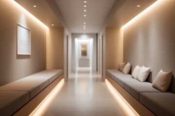 Stylish Minimalist Hallway with Soft Lighting and Comfortable Seating