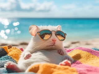 A cute white hamster wea sunglasses relaxes on a colorful beach towel at the beach enjoying summer vacation.