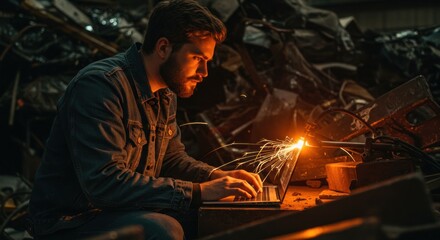 Man Uses Laptop in Scrap Metal Setting