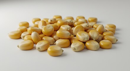 Fototapeta premium A neat pile of dried yellow corn kernels isolated on a soft gradient surface.