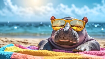 A cool hippopotamus wea sunglasses relaxes on a colorful beach towel at the beach enjoying summer vacation.