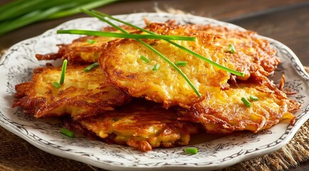 A plate of golden-brown potato latkes (refined sugar-free potato fritters), great for breakfast or