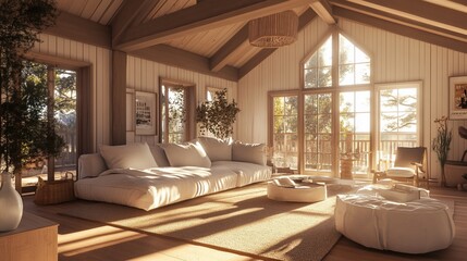 Sunlit living room with natural wooden beams and soft furnishings creating a cozy atmosphere
