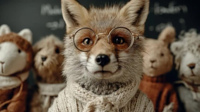 Fox teacher with stuffed animals