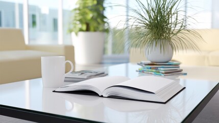 Fototapeta premium Open Magazine Mockup on Coffee Table in Bright Modern Room