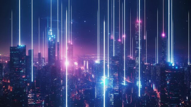 cityscape with space and neon light effect. Modern hi-tech, science, futuristic technology concept. Abstract digital high tech city design for banner background