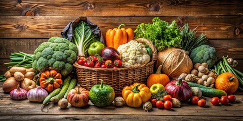 Fresh winter produce arranged on a wooden table, vegetable display, rustic decor