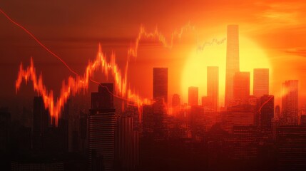 Market Crash Sunset Skyline: A fiery orange sunset casts a dramatic glow over a city skyline, overlaid with a plunging stock market graph symbolizing economic downturn, crisis, or recession.