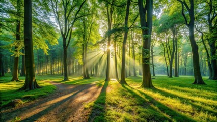 Fototapeta premium Morning sunlight filters through leafy green trees in a serene forest setting, casting dappled shadows on the ground , nature landscape, outdoors