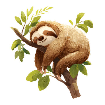 A serene sloth sleeping peacefully on a branch surrounded by lush green leaves. Pure relaxation.