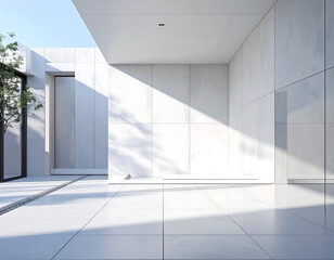 Obraz premium Minimalist architecture featuring white walls and geometric shadows, enhancing the space's stark beauty and modern design.