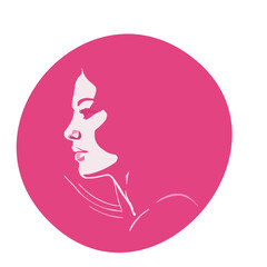 Stylized vector icon of a woman face in profile within a pink circle, elegant graphic symbol for beauty, fashion, spa, wellness, or feminine concepts