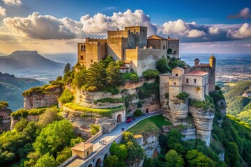 Obraz premium Majestic Mountain Fortress Erice Sicily Italy Village Panoramic View
